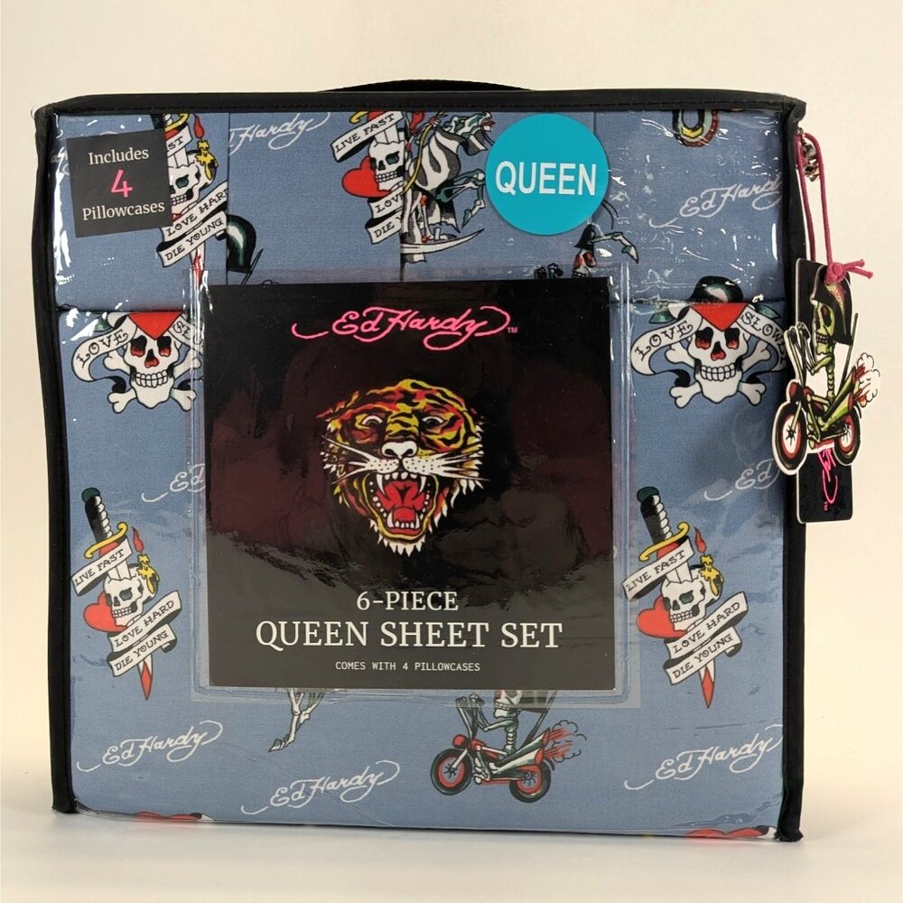 Ed Hardy Blue  Queen Sheet Set 6-Piece w/ 4 Pillowcases - NEW - Skull Hearts